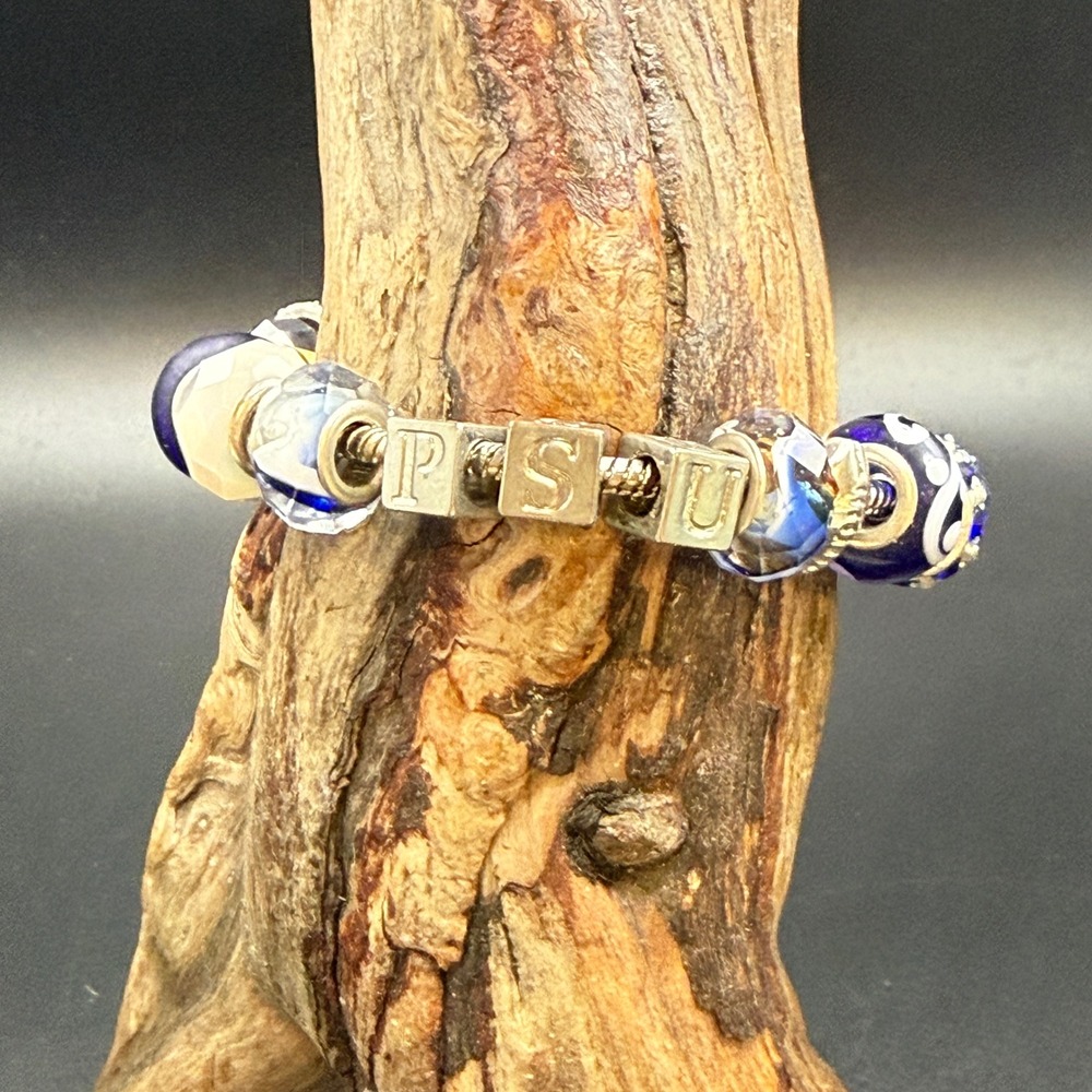 Penn State PSU Blue White Glass Bead Charm Bracelet Silver Tone Game Day Jewelry
